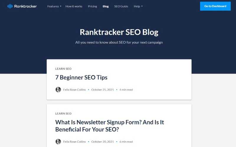 Ranktracker blogg listningssida