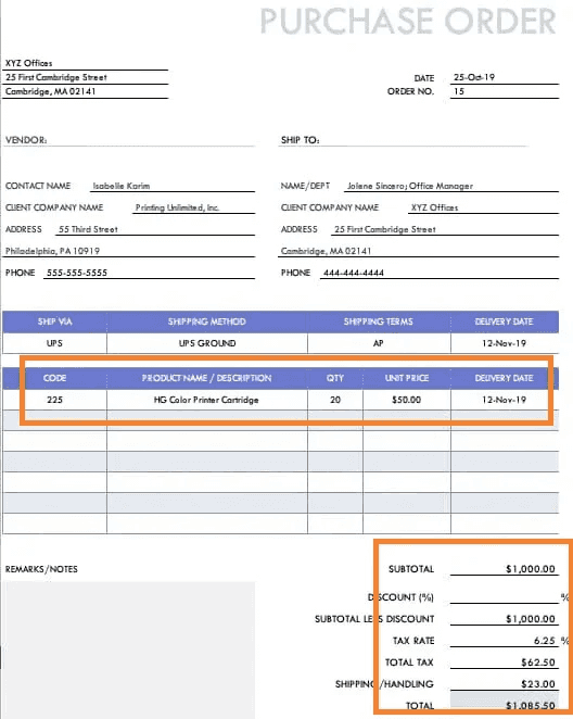 purchase order example