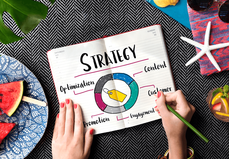 A top view of a notepad with a marketing strategy concept