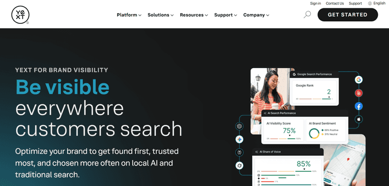 This image shows Yext homepage for managing listings, local pages, reviews, and social presence across multiple locations