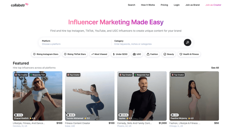 Collabstr homepage showing influencer and UGC creator marketplace search