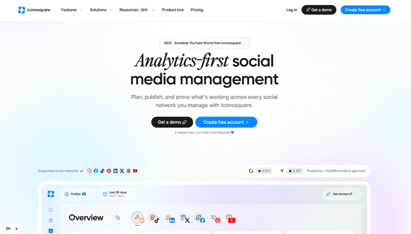 Iconosquare homepage showing analytics-first social media management positioning