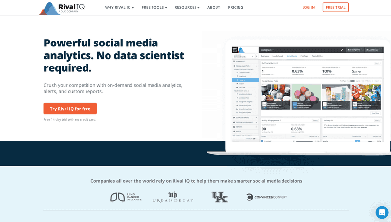 Rival IQ homepage with a social media analytics dashboard and free trial button.