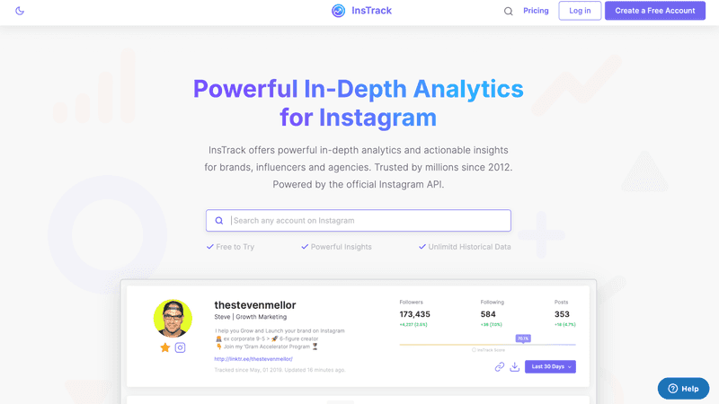 InsTrack homepage showing Instagram analytics and a sample account dashboard.