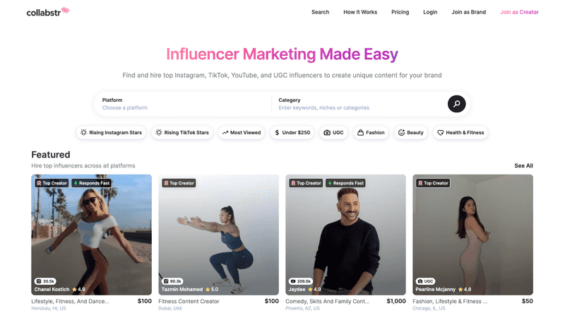 Collabstr homepage showing influencer and UGC creator marketplace search