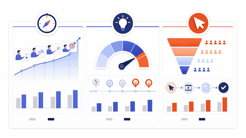 A schematic dashboard for measuring orientation, understanding, and next action; values are illustrative, not benchmarks.