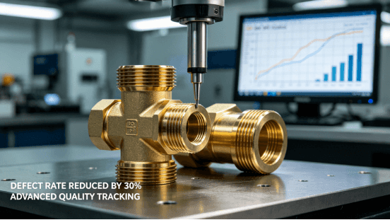 CMM probe inspecting a precision brass fitting with a monitor displaying SPC data charts, demonstrating a 30% defect rate reduction through advanced metrics