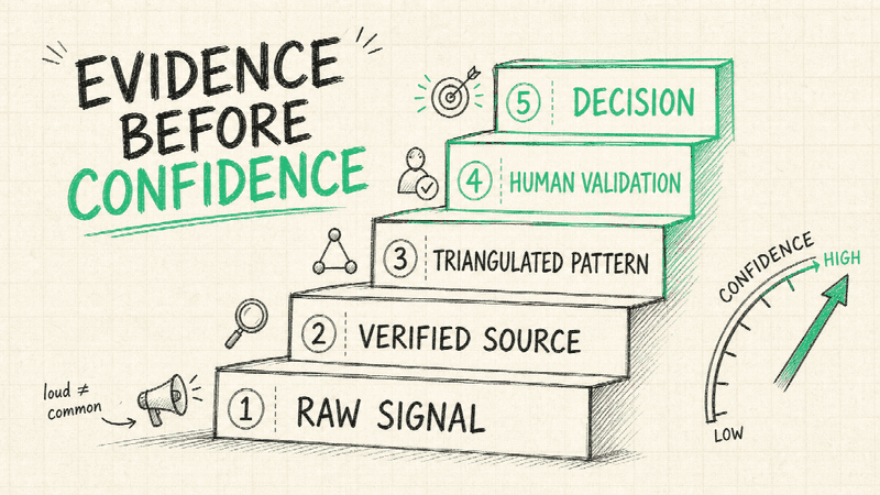 Confidence should rise only when evidence is verified, triangulated, and checked with people close to the market.