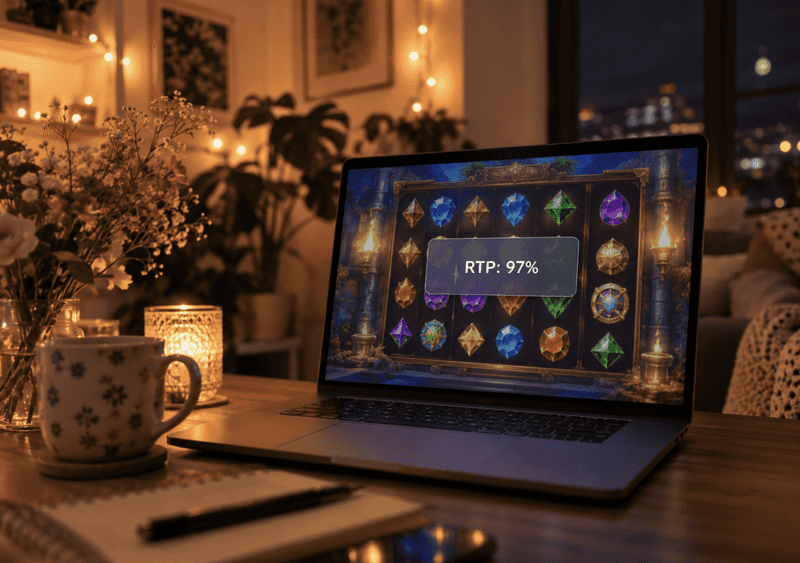 Laptop displaying a gem-themed slot game with an RTP 97% pop-up in a room at night.