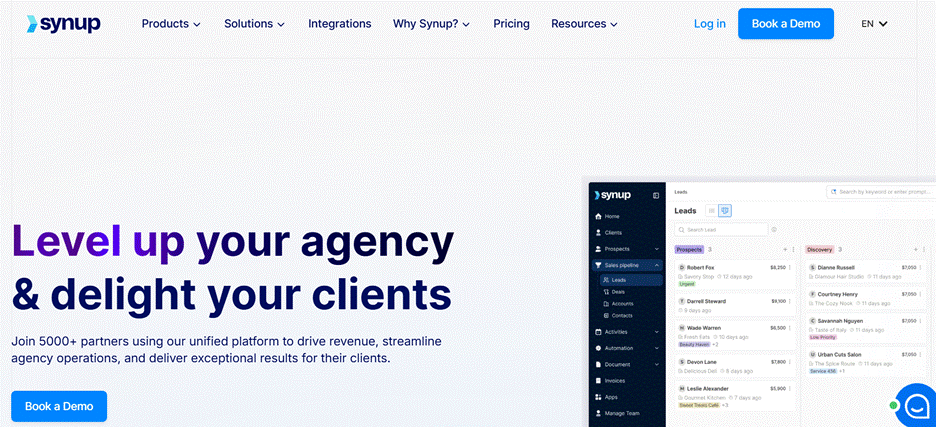 The image shows Synup’s homepage with the headline “Level up your agency & delight your clients” and a call-to-action to book a demo