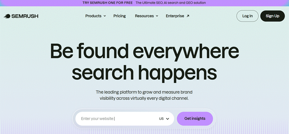 This image describes Semrush as a leading platform for growing and measuring brand visibility across digital channels, plus a website input field and “Get insights” call-to-action button