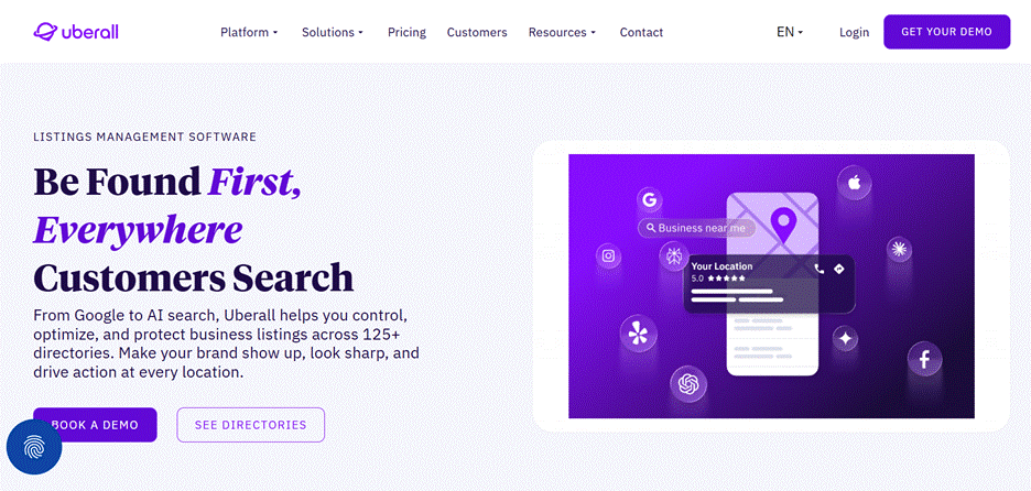 This image is the Uberall homepage for enterprise location marketing, listings management, review response, and analytics