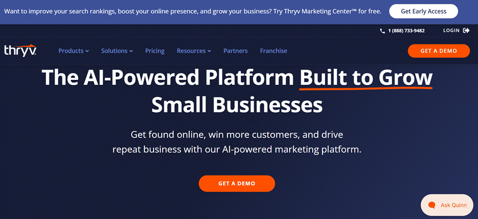 A Thryv homepage banner promotes its AI-powered marketing platform designed to help small businesses get found online, win more customers, and drive repeat business